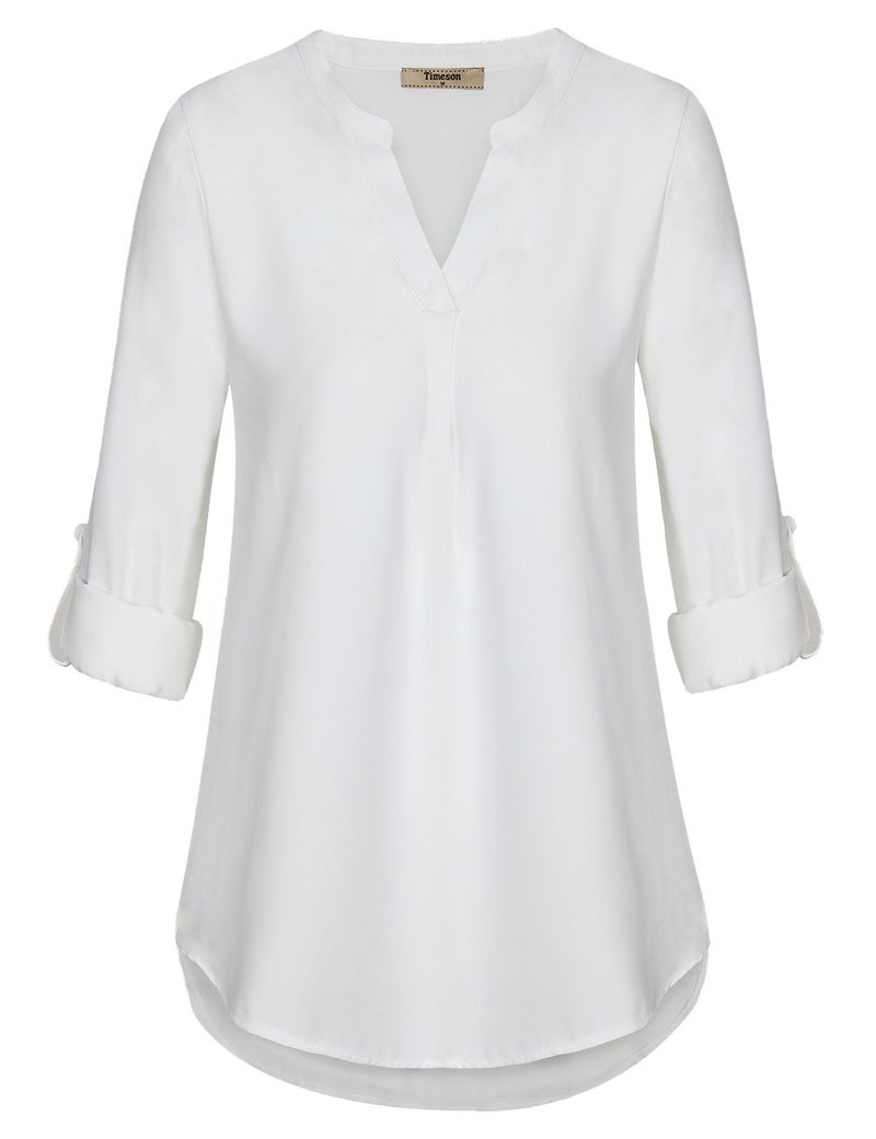 Timeson Blouses for Women,3/4 Sleeve Tunics Tops for Women Dress Shirts for Business Casual White Formal Ladies Office Work Tops V Neck Chiffon Blouse Professional Interview Spring Fall Fashion - Image 2